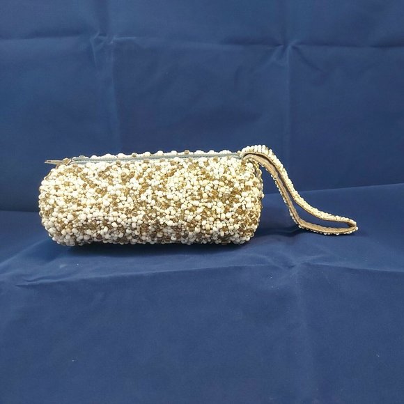 Beaded Clutch Bags Evening Bag Mini Beads Round Barrel White Gold Silver wrislet - Picture 2 of 10
